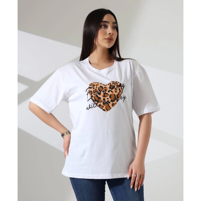 Leopar kalp baskılı tişört
