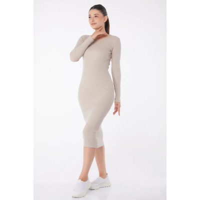 Düz Bisiklet Yaka Kadın Midi Elbise