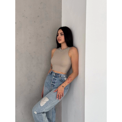 fitilli kaşkorse yakası zincirli atlet vizon fitilli kaşkorse yakası zincirli atlet vizon