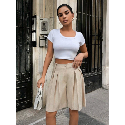 Pileli keten şort S24291
