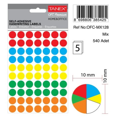 Tanex Ofc-128 Mıx Color Ofis Etiketi 10mm 540 Adet Tanex Ofc-128 Mıx Color Ofis Etiketi 10mm 540 Adet