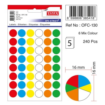 Tanex Ofc-130 Mıx Color Ofis Etiketi 16mm 240 Adet Tanex Ofc-130 Mıx Color Ofis Etiketi 16mm 240 Adet