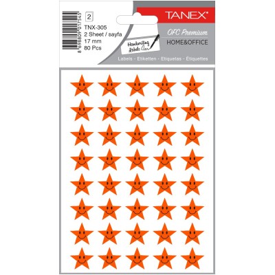 Tanex Tnx-305 Flo Turuncu Yıldız Gülen Yüz Etiketi 17mm 80 Li Paket Tanex Tnx-305 Flo Turuncu Yıldız Gülen Yüz Etiketi 17mm 80 Li Paket
