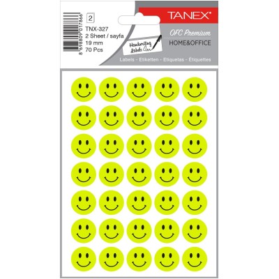 Tanex Tnx-327 Flo Sarı Gülen Yüz Etiketi 19mm 70 Li Paket Tanex Tnx-327 Flo Sarı Gülen Yüz Etiketi 19mm 70 Li Paket