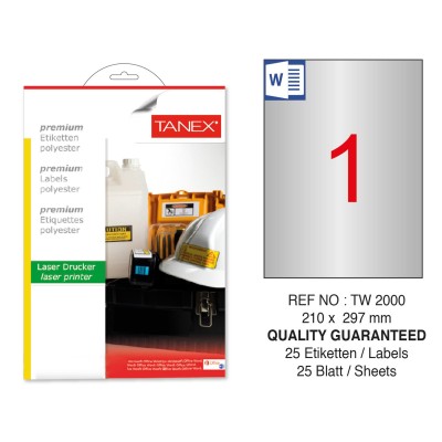 Tanex TW-2000 210x297mm Gümüş Lazer Etiket 25 Li Tanex TW-2000 210x297mm Gümüş Lazer Etiket 25 Li