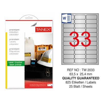 Tanex TW-2033 63.5x25.4 mm Gümüş Lazer Etiket 825 Li Tanex TW-2033 63.5x25.4 mm Gümüş Lazer Etiket 825 Li