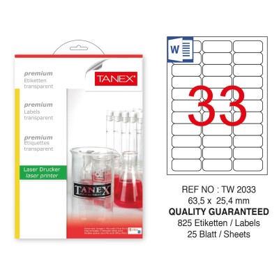 Tanex TW-2033 63.5x25.4mm Şeffaf Laser Etiket 825 Li Tanex TW-2033 63.5x25.4mm Şeffaf Laser Etiket 825 Li