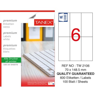 Tanex TW-2106 Laser Etiket 70 x 148.5 mm Tanex TW-2106 Laser Etiket 70 x 148.5 mm