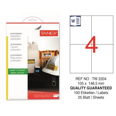 Tanex TW-2204 105x148.5mm Polyester Etiket 25 Li Tanex TW-2204 105x148.5mm Polyester Etiket 25 Li