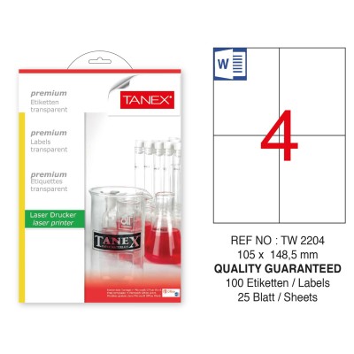 Tanex TW-2204 105x148.5mm Şeffaf Laser Etiket 100 Lü Tanex TW-2204 105x148.5mm Şeffaf Laser Etiket 100 Lü