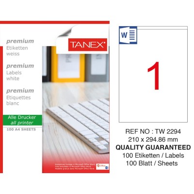 Tanex TW-2294 Laser Etiket 210 x 294,86 mm Tanex TW-2294 Laser Etiket 210 x 294,86 mm