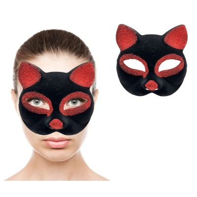 Siyah Kırmızı Simli Süet Kedi Maskesi Siyah Kırmızı Simli Süet Kedi Maskesi