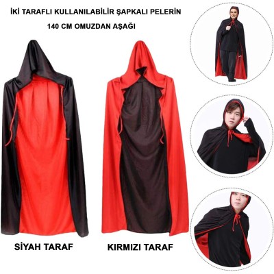 Siyah Kırmızı Çift Taraflı Kapişonlu Pelerin Siyah Kırmızı Çift Taraflı Kapişonlu Pelerin