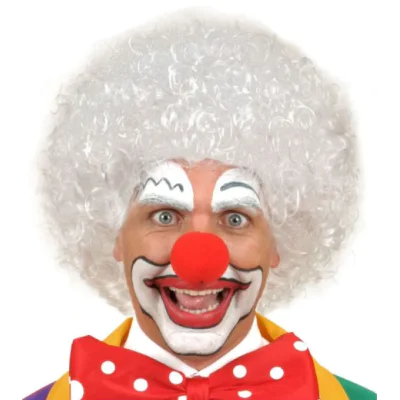 Beyaz Kıvırcık Afro Peruk ve Kırmızı Sünger Burun Seti Beyaz Kıvırcık Afro Peruk ve Kırmızı Sünger Burun Seti