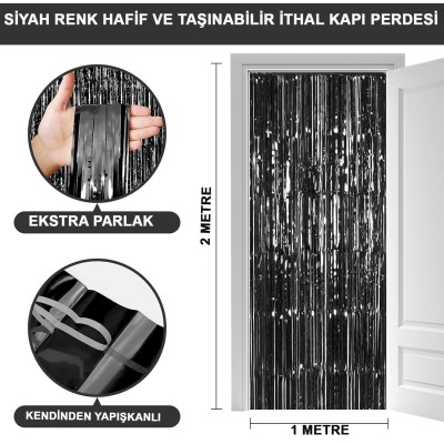Siyah Ekstra Metalize Parlak Saçaklı Arka Fon Perde Siyah Ekstra Metalize Parlak Saçaklı Arka Fon Perde
