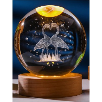Ahşap Tabanlı LED Işıklı Flamingo Figürlü Kristal Küre Ahşap Tabanlı LED Işıklı Flamingo Figürlü Kristal Küre