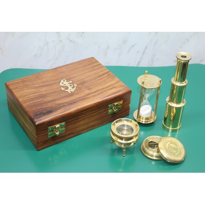 Ahşap Kutulu Dürbün, Kum Saati, Büyüteç, Pusula Seti Ahşap Kutulu Dürbün, Kum Saati, Büyüteç, Pusula Seti