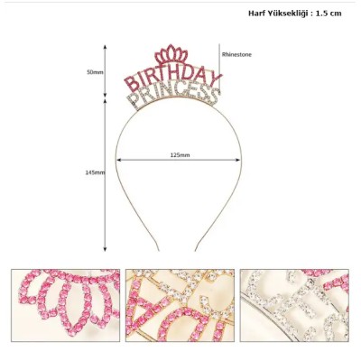 Kristal Taşlı Birthday Princess Yazılı Parti Tacı Pembe Renk Kristal Taşlı Birthday Princess Yazılı Parti Tacı Pembe Renk