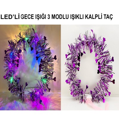 Kalp Püsküllü 3 Modlu LED Işıklı Taç Mor Renk Kalp Püsküllü 3 Modlu LED Işıklı Taç Mor Renk