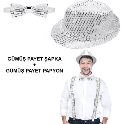 Gümüş Payetli Şapka ve Papyon Seti – Parıltılı Yetişkin Kostüm Seti Gümüş Payetli Şapka ve Papyon Seti – Parıltılı Yetişkin Kostüm Seti