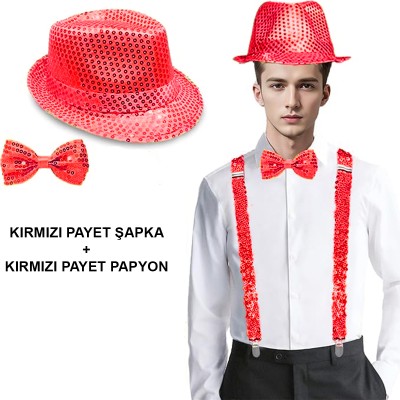 Kırmızı Payetli Şapka ve Papyon Seti – Parıltılı Yetişkin Kostüm Seti Kırmızı Payetli Şapka ve Papyon Seti – Parıltılı Yetişkin Kostüm Seti