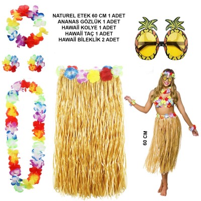 Hawaii Parti Kostüm Seti - 60 cm Hasır Etek, Çiçekli Aksesuarlar ve Ananas Gözlük Hawaii Parti Kostüm Seti - 60 cm Hasır Etek, Çiçekli Aksesuarlar ve Ananas Gözlük