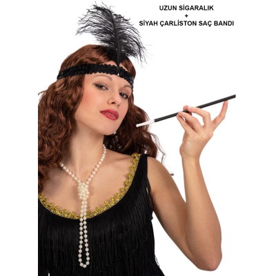 Siyah Retro Charliston Saç Bandı & Sigaralık Siyah Retro Charliston Saç Bandı & Sigaralık