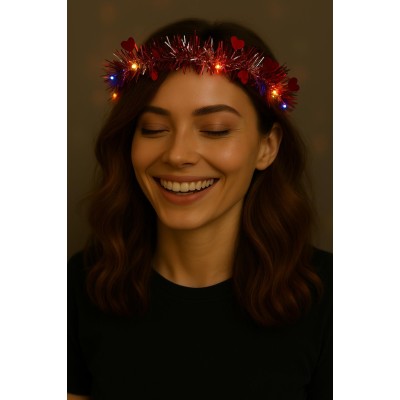 Kalp Püsküllü 3 Modlu LED Işıklı Taç Kırmızı Renk Kalp Püsküllü 3 Modlu LED Işıklı Taç Kırmızı Renk