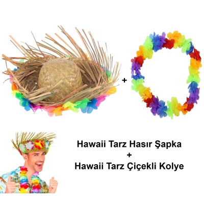 Hawaii Tarzı Set - Tropikal Çiçekli Hasır Şapka ve Çiçekli Hawaii Kolye Hawaii Tarzı Set - Tropikal Çiçekli Hasır Şapka ve Çiçekli Hawaii Kolye