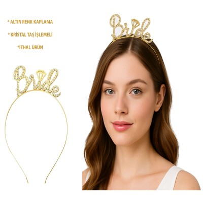 Altın Renkli Taşlı “Bride” Gelin Tacı