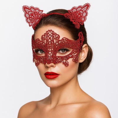 Romantik Kırmızı Dantel Maske Seti – Kedi Kulaklı Taç ve Maske No 3 Romantik Kırmızı Dantel Maske Seti – Kedi Kulaklı Taç ve Maske No 3