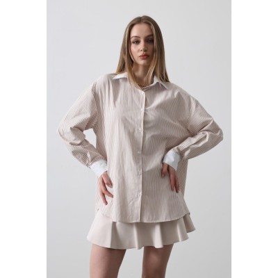 Çizgili Oversize Gömlek - Bej Çizgili Oversize Gömlek - Bej