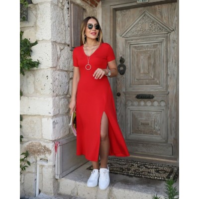 Kadın Kısa Kollu V Yaka Maxi Boy Elbise 124 Cm Kadın Kısa Kollu V Yaka Maxi Boy Elbise 124 Cm
