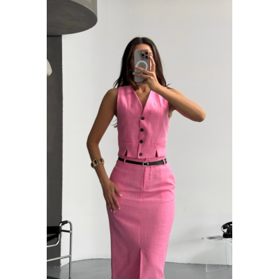 YELEK-ÖNDEN YIRTMAÇLI ETEK TK ŞANTUK KETEN - Pembe YELEK-ÖNDEN YIRTMAÇLI ETEK TK ŞANTUK KETEN - Pembe