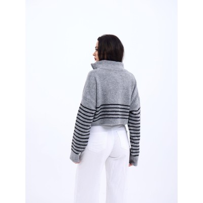 43311 TRİKO ÇİZGİLİ FERMUARLI CROP-GRİ-SİYAH 43311 TRİKO ÇİZGİLİ FERMUARLI CROP-GRİ-SİYAH