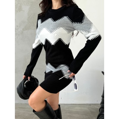 Kadın Uzun Kollu Zigzag Desen Triko Elbise Kadın Uzun Kollu Zigzag Desen Triko Elbise