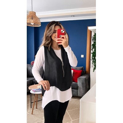 Kadın Uzun Kol Asimetrik Kesim Viskon Bluz Ve çatlak Deri Görünümlü Fermuar Detaylı Yelek Ikili Takım Kadın Uzun Kol Asimetrik Kesim Viskon Bluz Ve çatlak Deri Görünümlü Fermuar Detaylı Yelek Ikili Takım