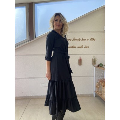 Kadın Uzun Kollu Eteği Fırfırlı Beli Kuşaklı Trikoton Tam Boy Gömlek Elbise Kadın Uzun Kollu Eteği Fırfırlı Beli Kuşaklı Trikoton Tam Boy Gömlek Elbise