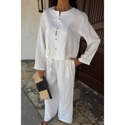 Önü İnce Kordon Detaylı Ve Double Paça Pantolonlu Takım 10180 Önü İnce Kordon Detaylı Ve Double Paça Pantolonlu Takım 10180