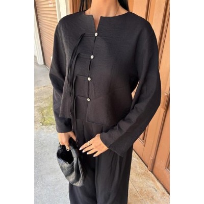 Önü İnce Kordon Detaylı Ve Double Paça Pantolonlu Takım 10180 Önü İnce Kordon Detaylı Ve Double Paça Pantolonlu Takım 10180
