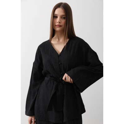Beli Bağlamalı Tunik Ve Beli Bağlamalı Pantolon Takım - Siyah Beli Bağlamalı Tunik Ve Beli Bağlamalı Pantolon Takım - Siyah