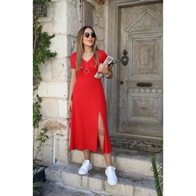 Kadın Kısa Kollu V Yaka Maxi Boy Elbise 124 Cm Kadın Kısa Kollu V Yaka Maxi Boy Elbise 124 Cm