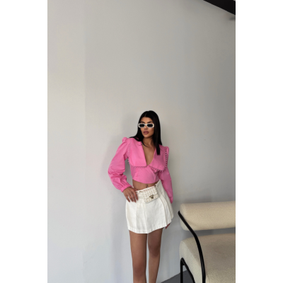 CROP POPLİN GÖMLEK YAKA KENAR DANTEL DETAYLI - Pembe CROP POPLİN GÖMLEK YAKA KENAR DANTEL DETAYLI - Pembe