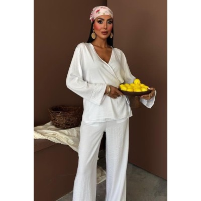 Kruvaze Model Klasik Pantolonlu Çupra Keten Takım 10191 Kruvaze Model Klasik Pantolonlu Çupra Keten Takım 10191