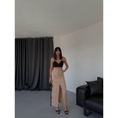 GABARDİN UZUN ÖNDEN YIRTMAÇLI ETEK - Kahverengi GABARDİN UZUN ÖNDEN YIRTMAÇLI ETEK - Kahverengi