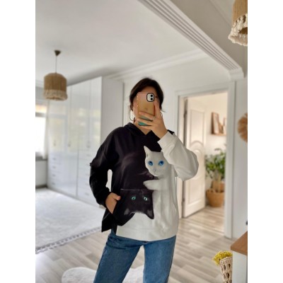 Kadın Uzun Kollu Kapşonlu Bağcıklı Kedi Desenli şardonlu Dalgıç Bluz Kadın Uzun Kollu Kapşonlu Bağcıklı Kedi Desenli şardonlu Dalgıç Bluz