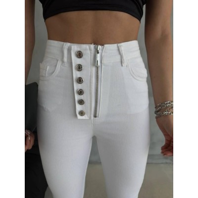 DÜĞME VE FERMUARLI KOT PANTOLON - Beyaz DÜĞME VE FERMUARLI KOT PANTOLON - Beyaz