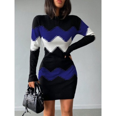 Kadın Uzun Kollu Zigzag Desen Triko Elbise Kadın Uzun Kollu Zigzag Desen Triko Elbise