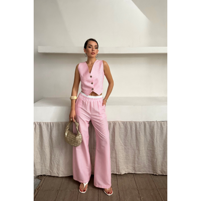 GOFRE ÇİZGİLİ YELEK - PANTOLON TAKIM - Pembe GOFRE ÇİZGİLİ YELEK - PANTOLON TAKIM - Pembe