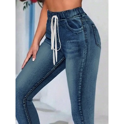 Kadın Belden Bağlamalı Cepli Yüksek Bel Kot Pantolon Kadın Belden Bağlamalı Cepli Yüksek Bel Kot Pantolon